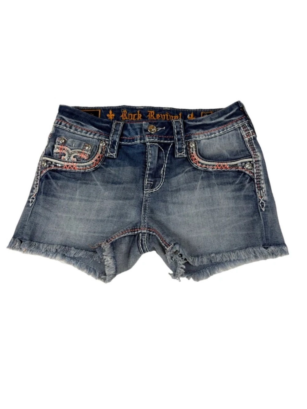 Rock Revival Women’s Size 24 Clair Easy Short Shorts Jean Pink Blue Bedazzled